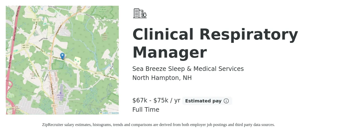 Sea Breeze Sleep & Medical Services job posting for a Clinical Respiratory Manager in North Hampton, NH with a salary of $67,000 to $75,000 Yearly with a map of North Hampton location.