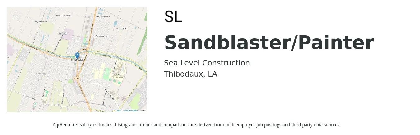 Sea Level Construction job posting for a Sandblaster/Painter in Thibodaux, LA with a salary of $14 to $19 Hourly with a map of Thibodaux location.