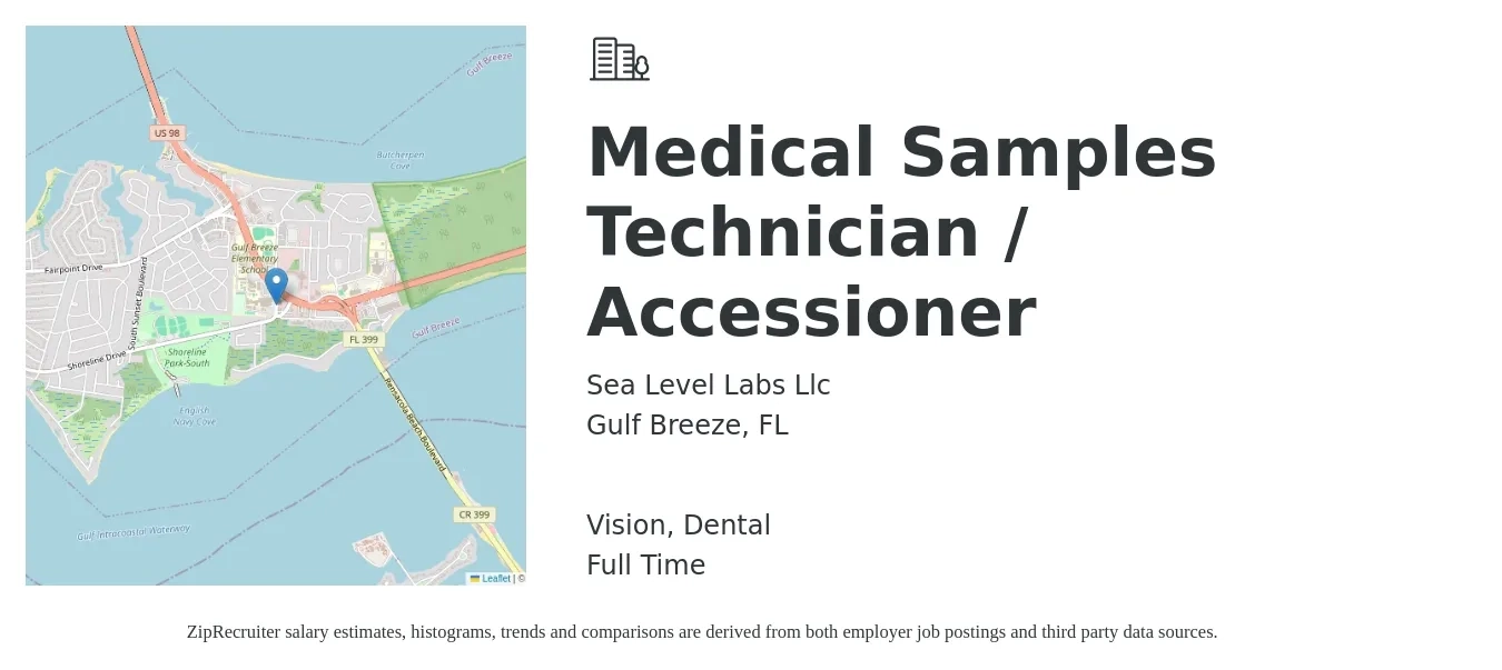 Sea Level Labs Llc job posting for a Medical Samples Technician / Accessioner in Gulf Breeze, FL with a salary of $1,070 to $2,190 Weekly and benefits including pto, vision, dental, and life_insurance with a map of Gulf Breeze location.
