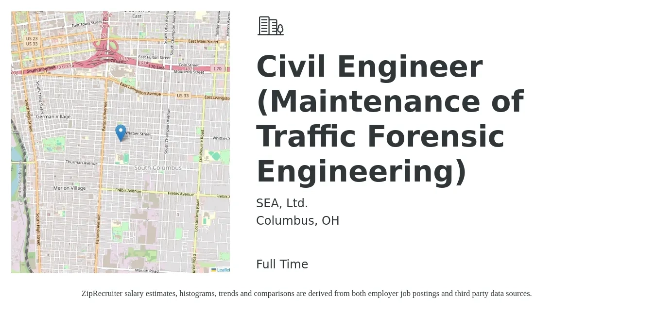 SEA, Ltd. job posting for a Civil Engineer (Maintenance of Traffic Forensic Engineering) in Columbus, OH with a salary of $64,300 to $93,800 Yearly with a map of Columbus location.