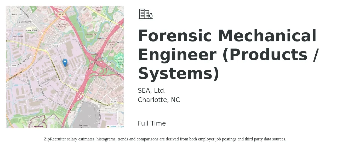 SEA, Ltd. job posting for a Forensic Mechanical Engineer (Products / Systems) in Charlotte, NC with a salary of $76,700 to $123,700 Yearly with a map of Charlotte location.