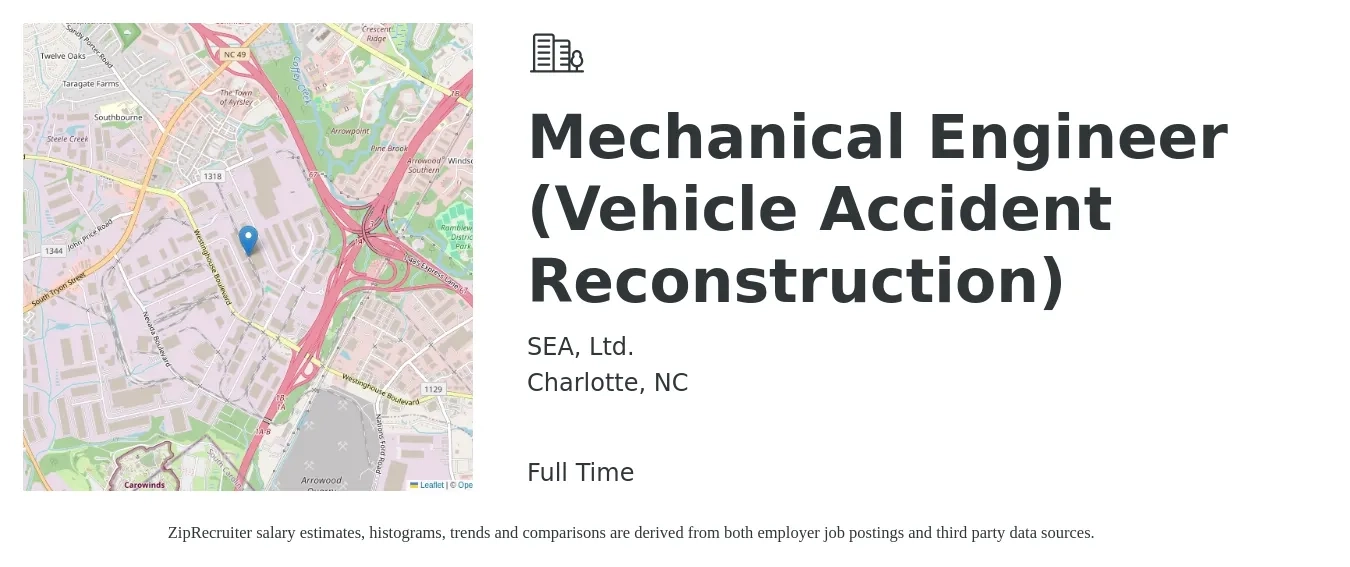 SEA, Ltd. job posting for a Mechanical Engineer (Vehicle Accident Reconstruction) in Charlotte, NC with a salary of $76,700 to $119,000 Yearly with a map of Charlotte location.