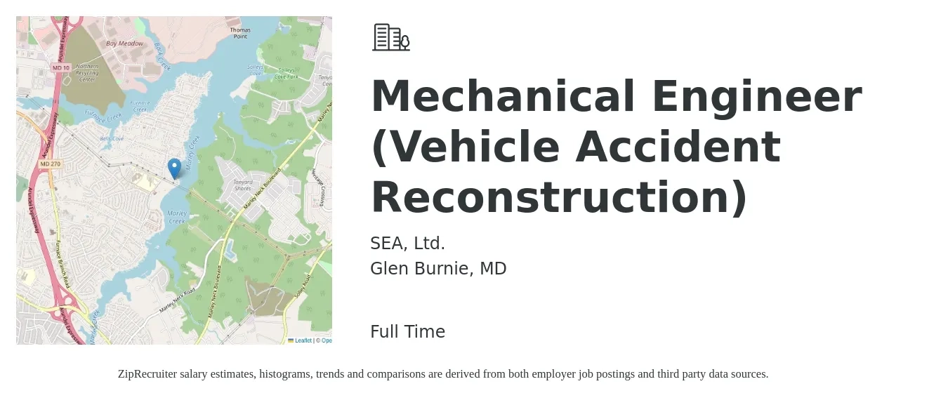 SEA, Ltd. job posting for a Mechanical Engineer (Vehicle Accident Reconstruction) in Glen Burnie, MD with a salary of $78,800 to $122,400 Yearly with a map of Glen Burnie location.