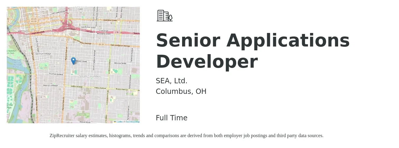 SEA, Ltd. job posting for a Senior Applications Developer in Columbus, OH with a salary of $91,400 to $125,700 Yearly with a map of Columbus location.