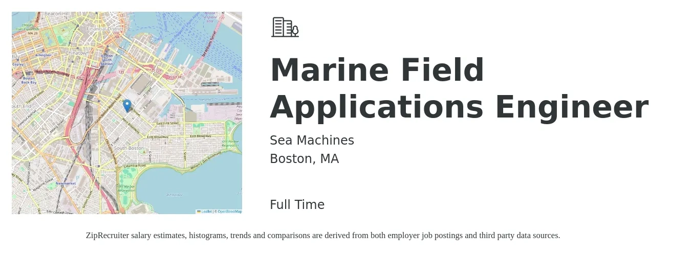 Sea Machines job posting for a Marine Field Applications Engineer in Boston, MA with a salary of $88,500 to $139,600 Yearly with a map of Boston location.