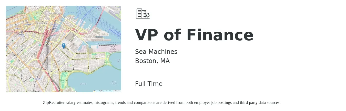 Sea Machines job posting for a VP of Finance in Boston, MA with a salary of $148,300 to $215,600 Yearly with a map of Boston location.