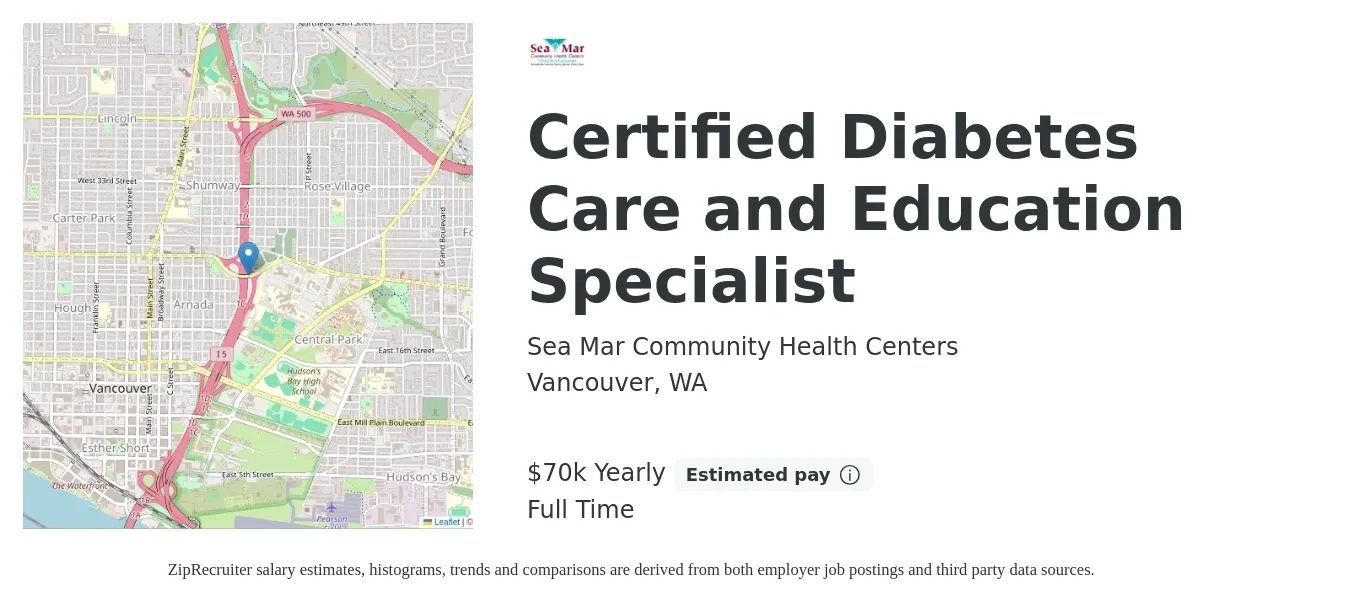 Sea Mar Community Health Centers job posting for a Certified Diabetes Care and Education Specialist in Vancouver, WA with a salary of $70,928 Yearly with a map of Vancouver location.