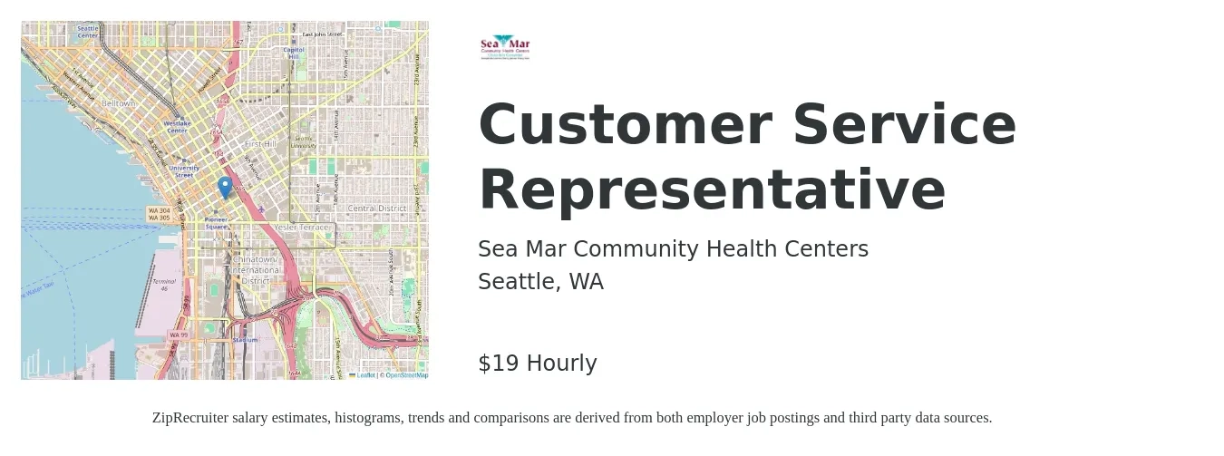Sea Mar Community Health Centers job posting for a Customer Service Representative in Seattle, WA with a salary of $20 Hourly with a map of Seattle location.