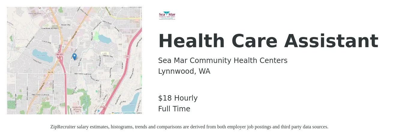 Sea Mar Community Health Centers job posting for a Health Care Assistant in Lynnwood, WA with a salary of $19 Hourly with a map of Lynnwood location.