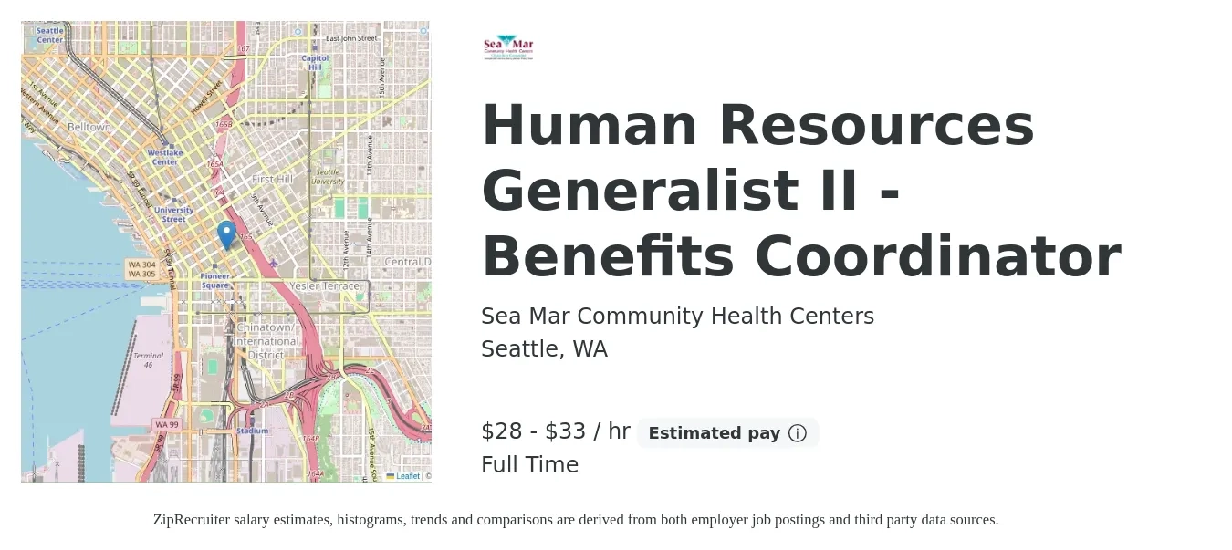 Sea Mar Community Health Centers job posting for a Human Resources Generalist II - Benefits Coordinator in Seattle, WA with a salary of $30 to $35 Hourly with a map of Seattle location.