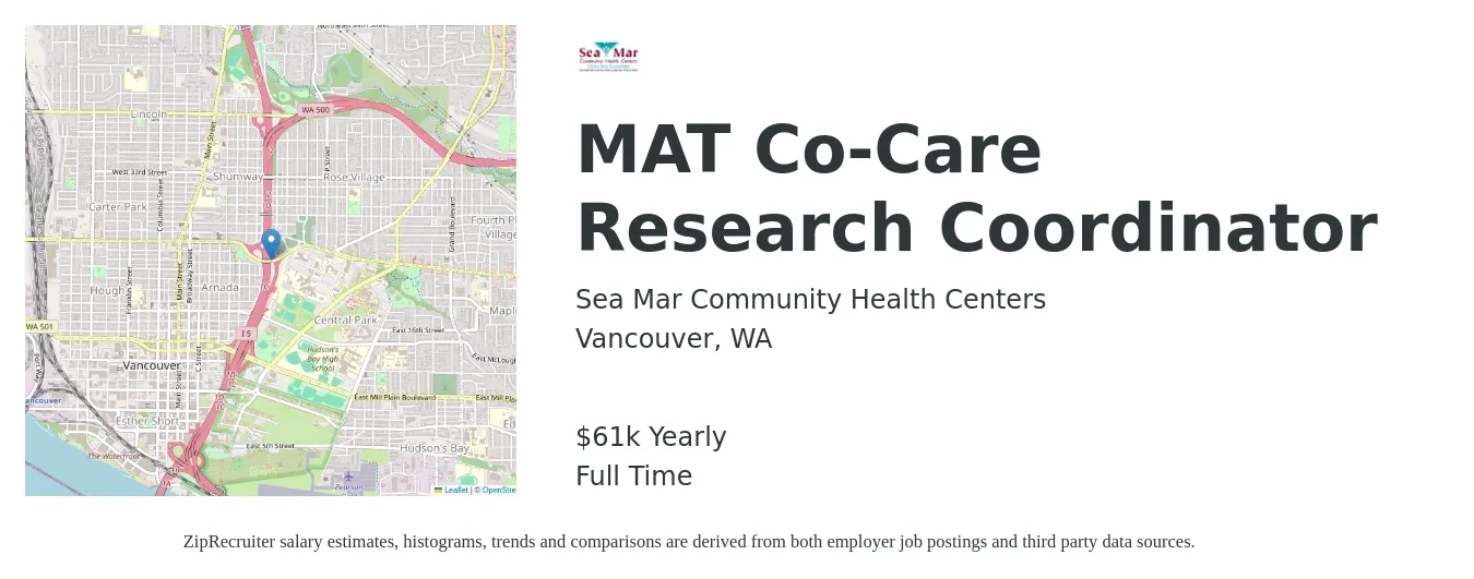 Sea Mar Community Health Centers job posting for a MAT Co-Care Research Coordinator in Vancouver, WA with a salary of $29 Hourly with a map of Vancouver location.