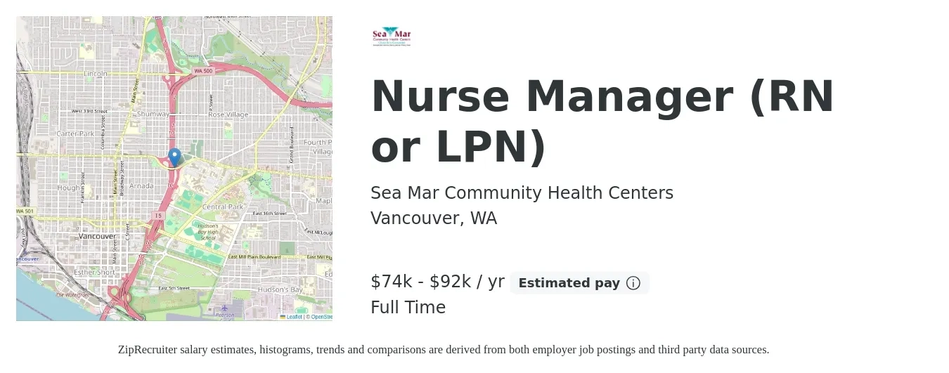 Sea Mar Community Health Centers job posting for a Nurse Manager (RN or LPN) in Vancouver, WA with a salary of $74,958 to $92,444 Yearly with a map of Vancouver location.