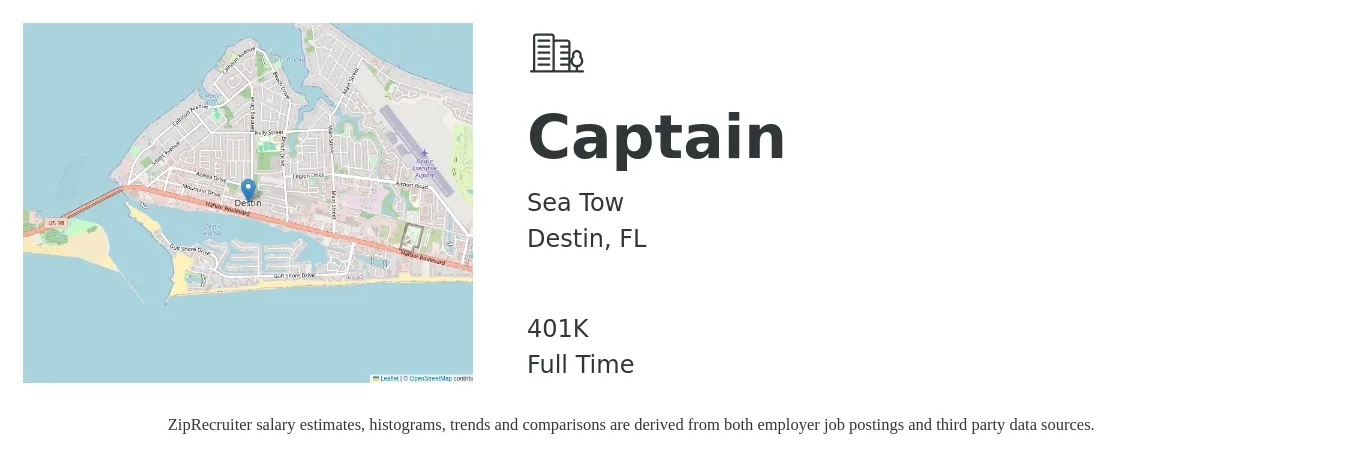 Sea Tow job posting for a Captain in Destin, FL with a salary of $16 to $39 Hourly and benefits including 401k with a map of Destin location.