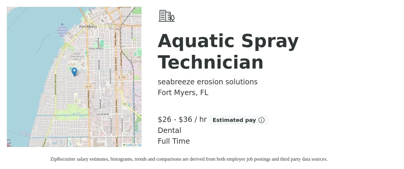 seabreeze erosion solutions job posting for a Aquatic Spray Technician in Fort Myers, FL with a salary of $28 to $38 Hourly and benefits including dental with a map of Fort Myers location.