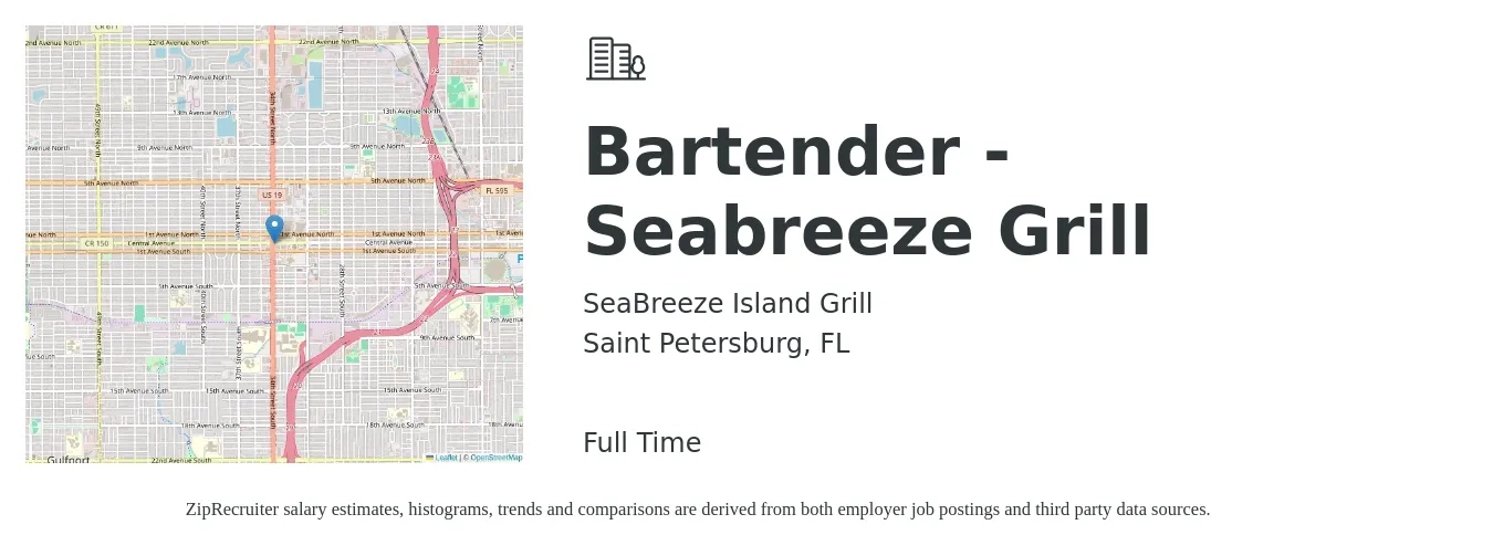 SeaBreeze Island Grill job posting for a Bartender - Seabreeze Grill in Saint Petersburg, FL with a salary of $9 Hourly with a map of Saint Petersburg location.