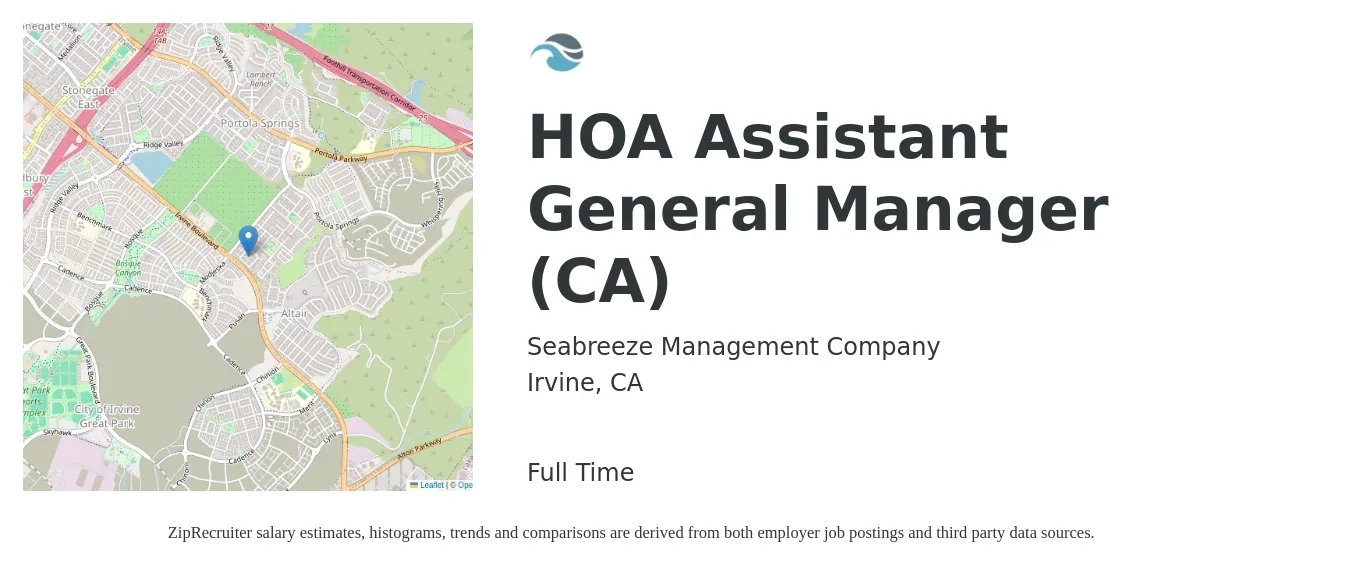Seabreeze Management Company job posting for a HOA Assistant General Manager (CA) in Irvine, CA with a salary of $25 to $30 Hourly with a map of Irvine location.