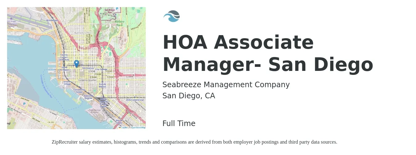 Seabreeze Management Company job posting for a HOA Associate Manager- San Diego in San Diego, CA with a salary of $23 to $26 Hourly with a map of San Diego location.