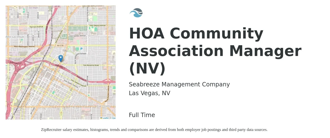Seabreeze Management Company job posting for a HOA Community Association Manager (NV) in Las Vegas, NV with a salary of $53,100 to $67,100 Yearly with a map of Las Vegas location.