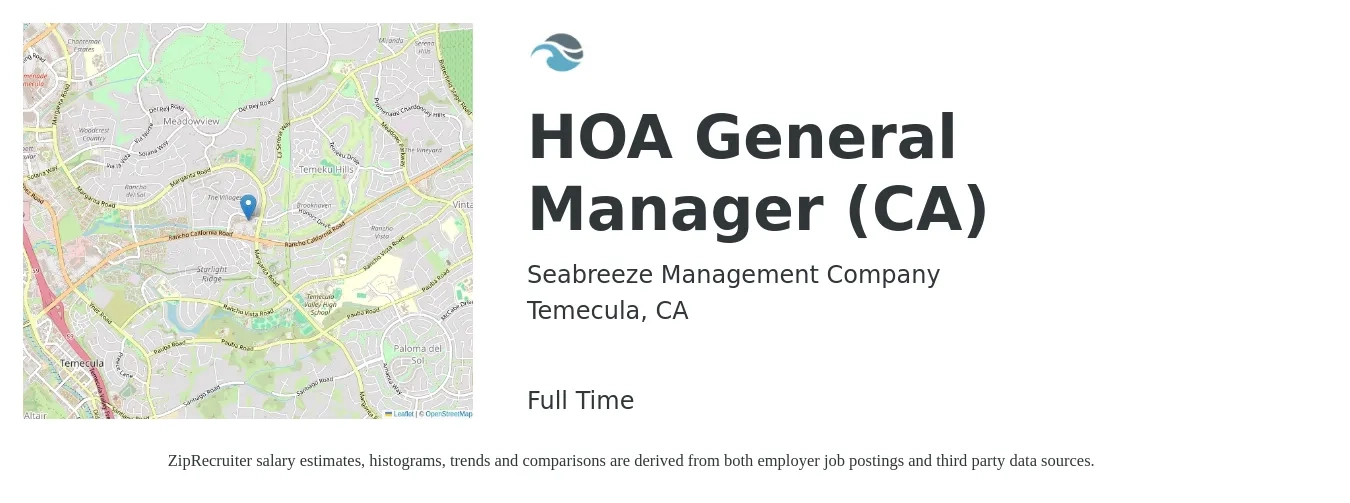 Seabreeze Management Company job posting for a HOA General Manager (CA) in Temecula, CA with a salary of $49,200 to $73,500 Yearly with a map of Temecula location.