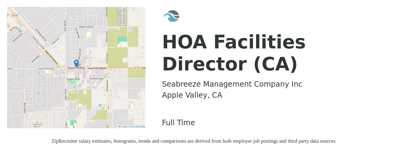 Seabreeze Management Company job posting for a HOA Facilities Director (CA) in Apple Valley, CA with a salary of $93,500 to $205,300 Yearly with a map of Apple Valley location.