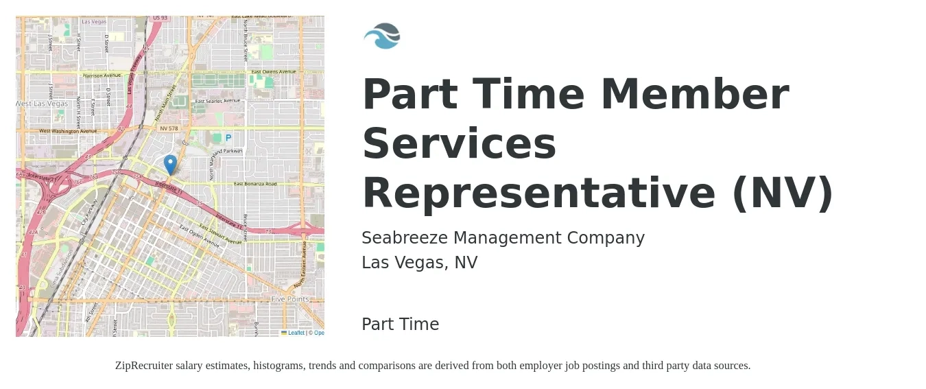 Seabreeze Management Company job posting for a Part Time Member Services Representative (NV) in Las Vegas, NV with a salary of $12 to $19 Hourly with a map of Las Vegas location.