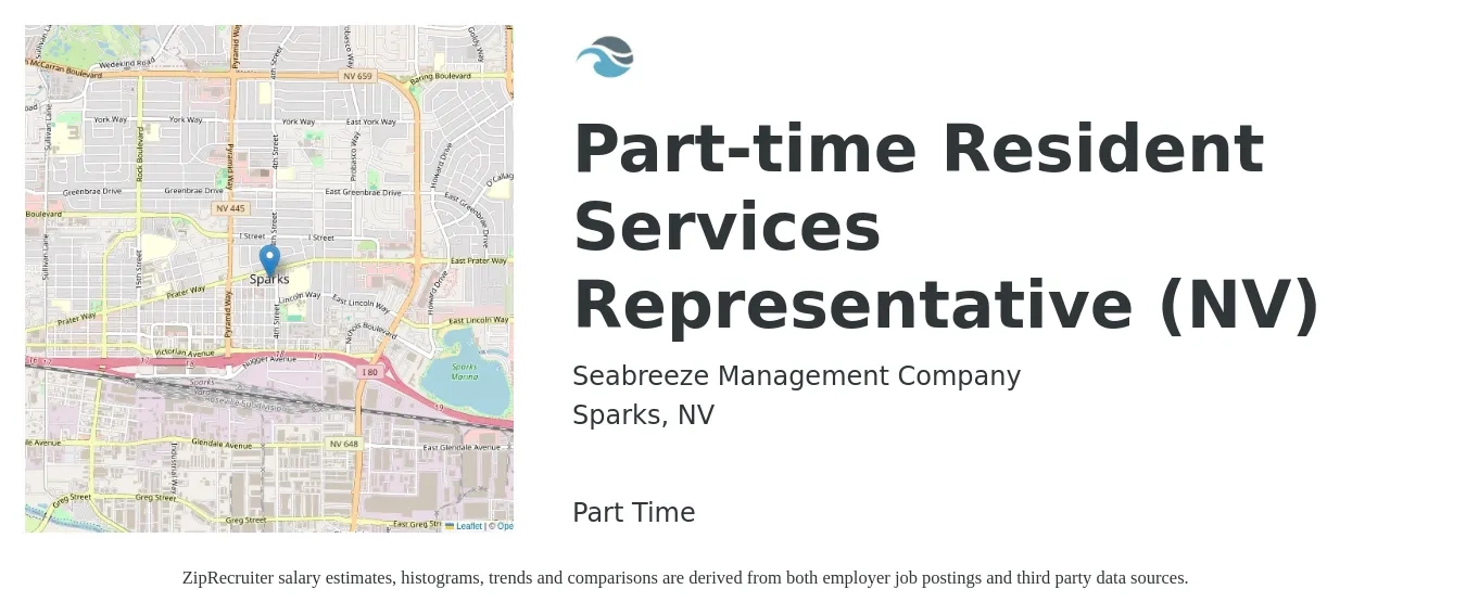 Seabreeze Management Company job posting for a Part-time Resident Services Representative (NV) in Sparks, NV with a salary of $18 to $24 Hourly with a map of Sparks location.