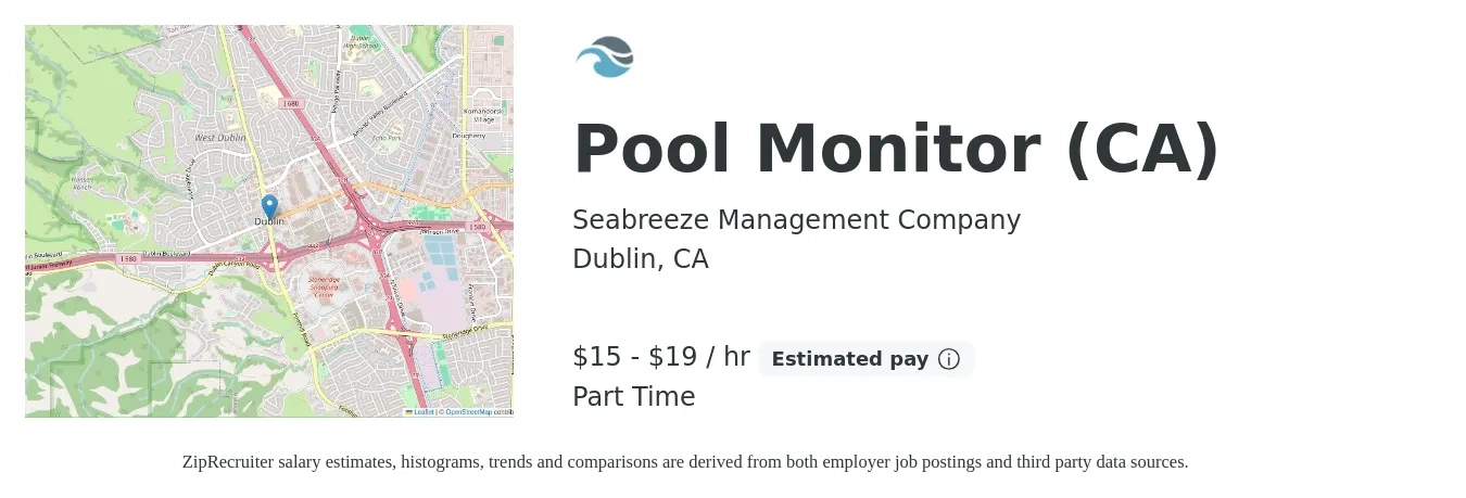 Seabreeze Management Company job posting for a Pool Monitor (CA) in Dublin, CA with a salary of $16 to $20 Hourly with a map of Dublin location.