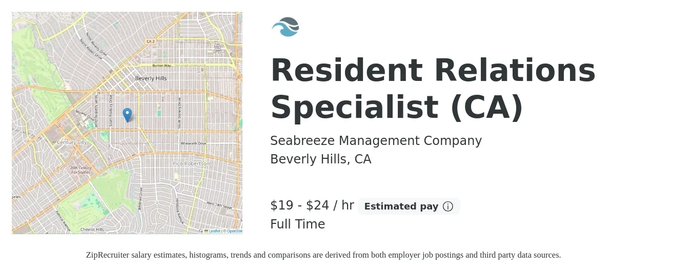 Seabreeze Management Company job posting for a Resident Relations Specialist (CA) in Beverly Hills, CA with a salary of $20 to $25 Hourly with a map of Beverly Hills location.