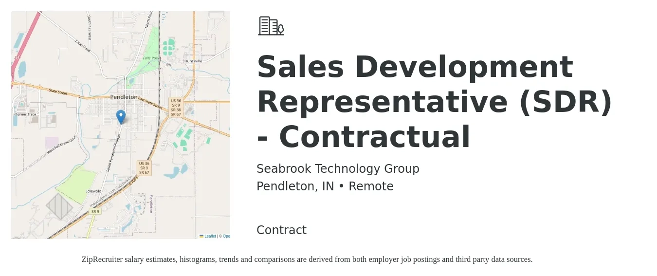 Seabrook Technology Group job posting for a Sales Development Representative (SDR) - Contractual in Pendleton, IN with a salary of $54,000 Yearly with a map of Pendleton location.