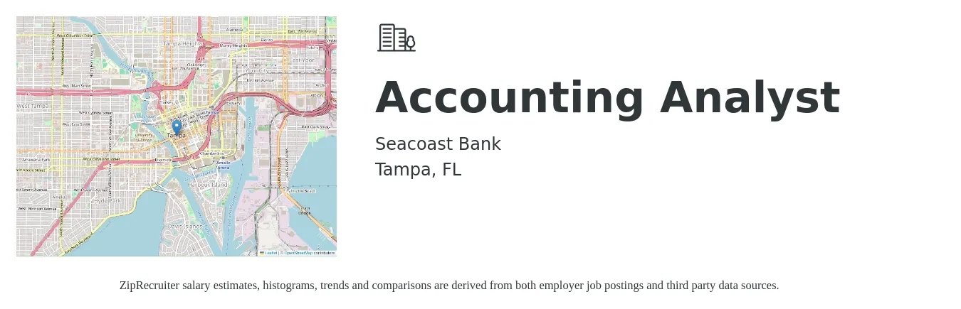 Seacoast Bank job posting for a Accounting Analyst in Tampa, FL with a salary of $54,600 to $71,400 Yearly with a map of Tampa location.