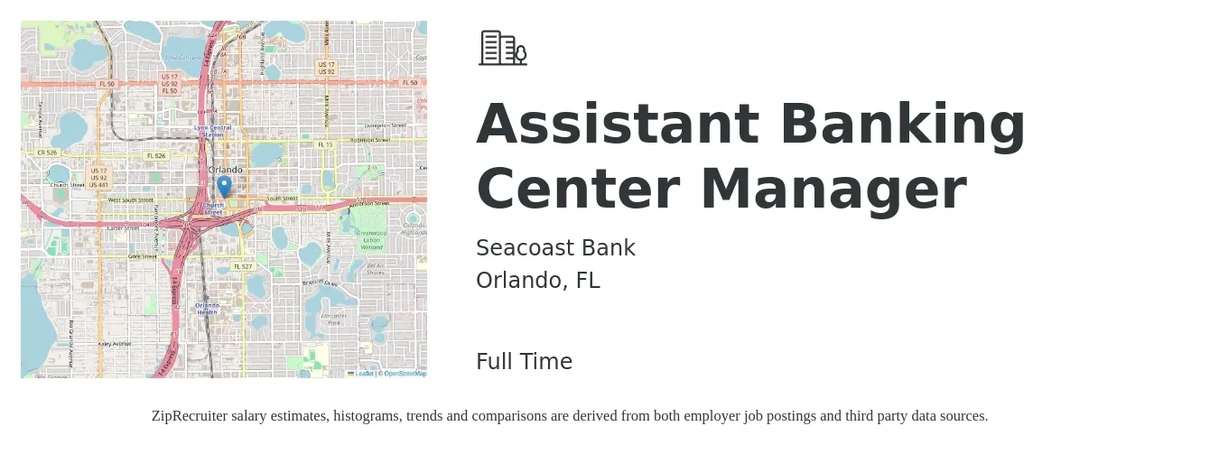 Seacoast Bank job posting for a Assistant Banking Center Manager in Orlando, FL with a salary of $42,500 to $58,800 Yearly with a map of Orlando location.