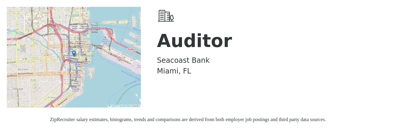 Seacoast Bank job posting for a Auditor in Miami, FL with a salary of $45,000 to $94,200 Yearly with a map of Miami location.