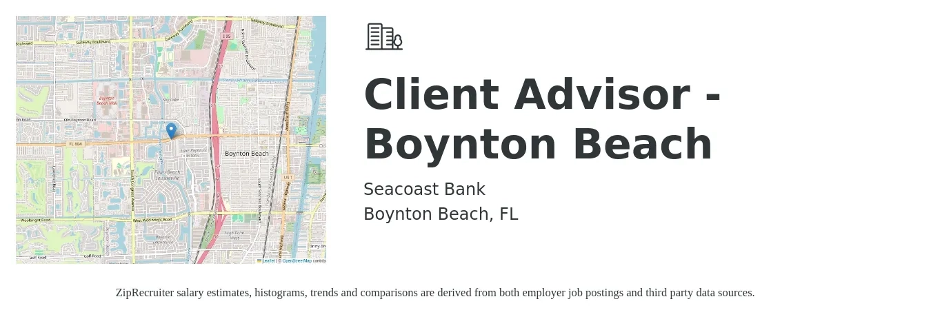 Seacoast Bank job posting for a Client Advisor - Boynton Beach in Boynton Beach, FL with a salary of $15 to $23 Hourly with a map of Boynton Beach location.