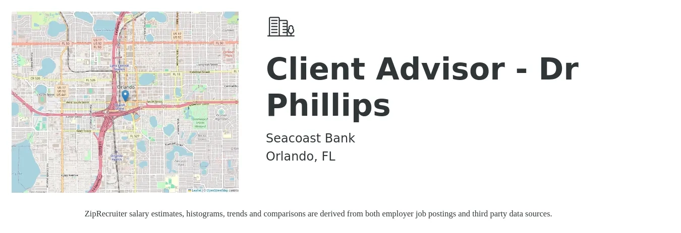 Seacoast Bank job posting for a Client Advisor - Dr Phillips in Orlando, FL with a salary of $14 to $22 Hourly with a map of Orlando location.