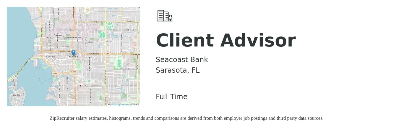 Seacoast Bank job posting for a Client Advisor in Sarasota, FL with a salary of $18 to $34 Hourly with a map of Sarasota location.