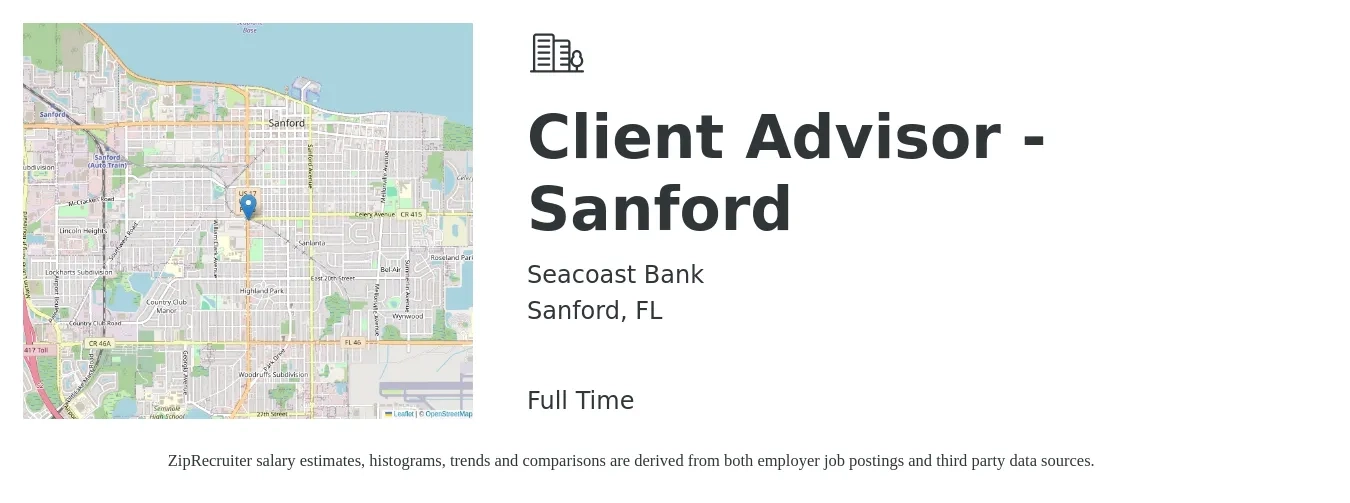 Seacoast Bank job posting for a Client Advisor - Sanford in Sanford, FL with a salary of $14 to $22 Hourly with a map of Sanford location.