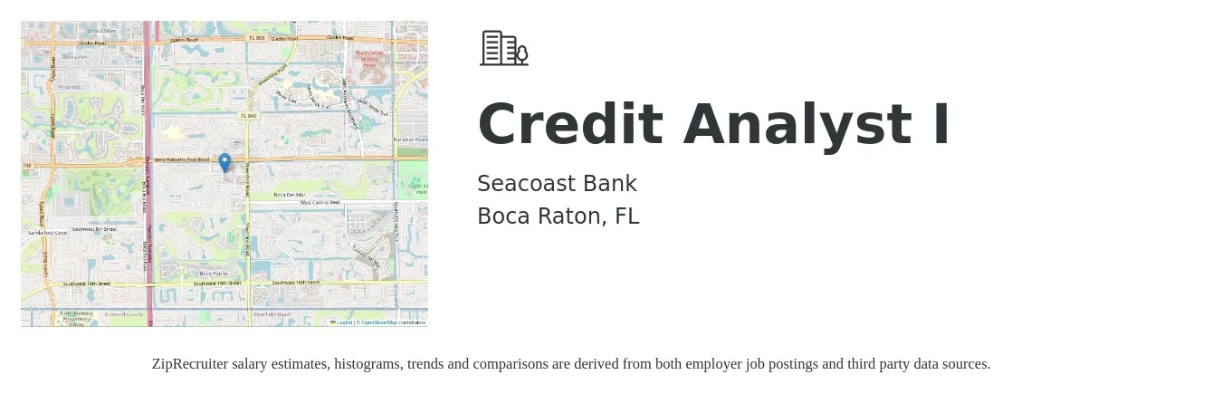 Seacoast Bank job posting for a Credit Analyst I in Boca Raton, FL with a salary of $23 to $33 Hourly with a map of Boca Raton location.