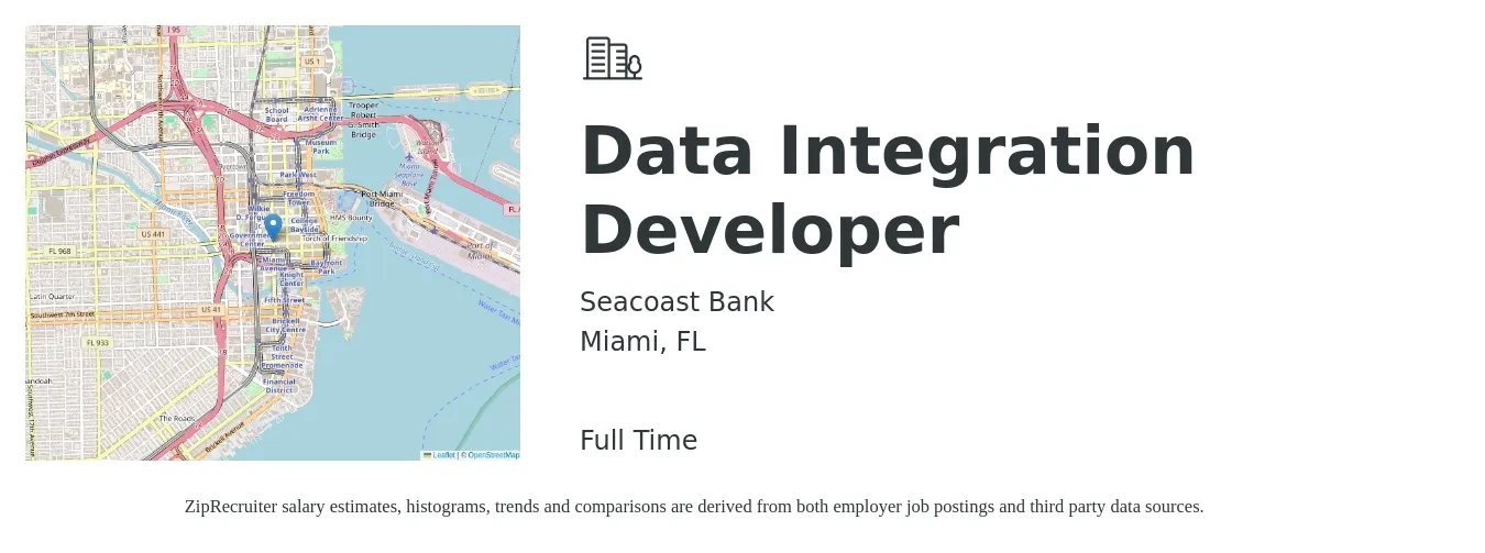 Seacoast Bank job posting for a Data Integration Developer in Miami, FL with a salary of $43 to $58 Hourly with a map of Miami location.