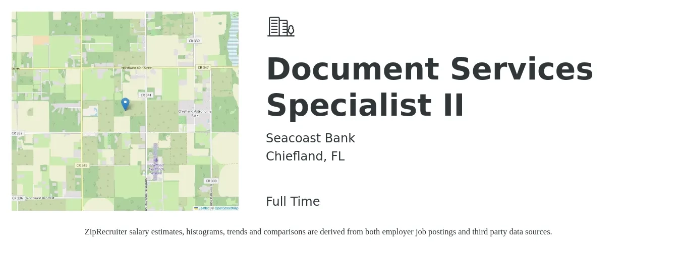 Seacoast Bank job posting for a Document Services Specialist II in Chiefland, FL with a salary of $16 to $36 Hourly with a map of Chiefland location.