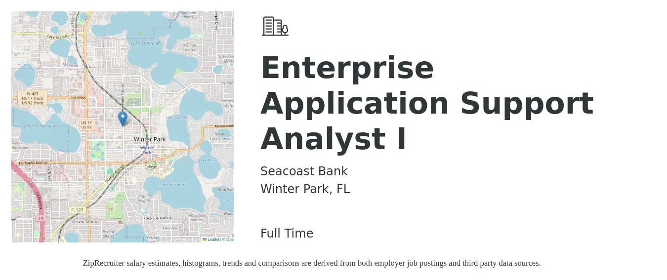 Seacoast Bank job posting for a Enterprise Application Support Analyst I in Winter Park, FL with a salary of $29 to $44 Hourly with a map of Winter Park location.