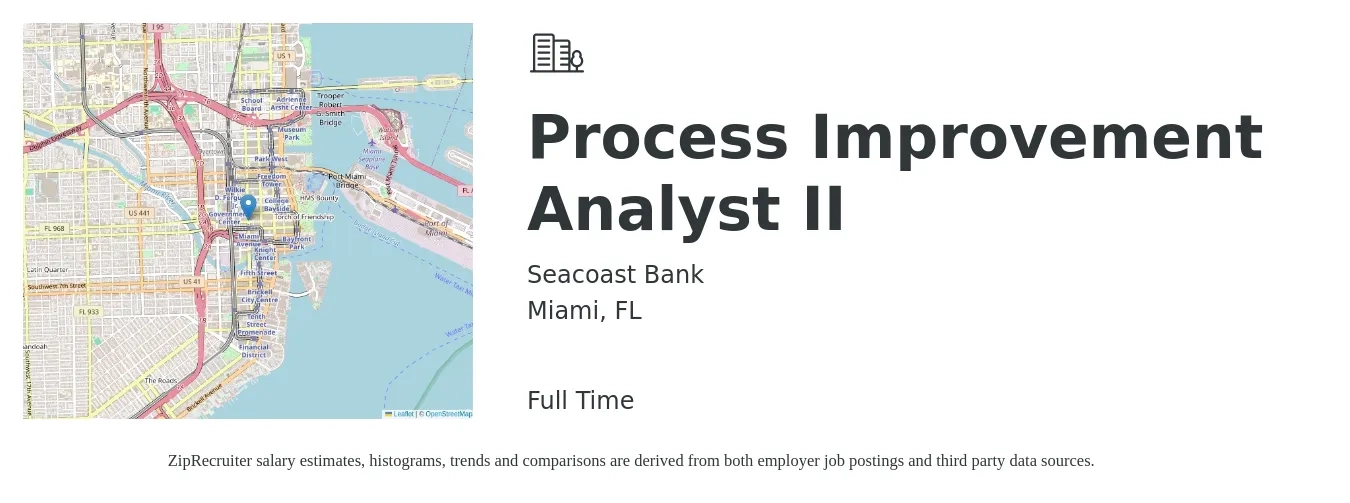 Seacoast Bank job posting for a Process Improvement Analyst II in Miami, FL with a salary of $68,300 to $85,100 Yearly with a map of Miami location.
