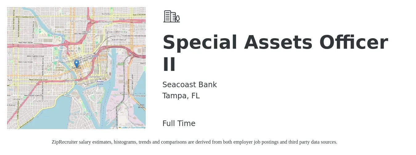 Seacoast Bank job posting for a Special Assets Officer II in Tampa, FL with a salary of $31,200 to $84,100 Yearly with a map of Tampa location.