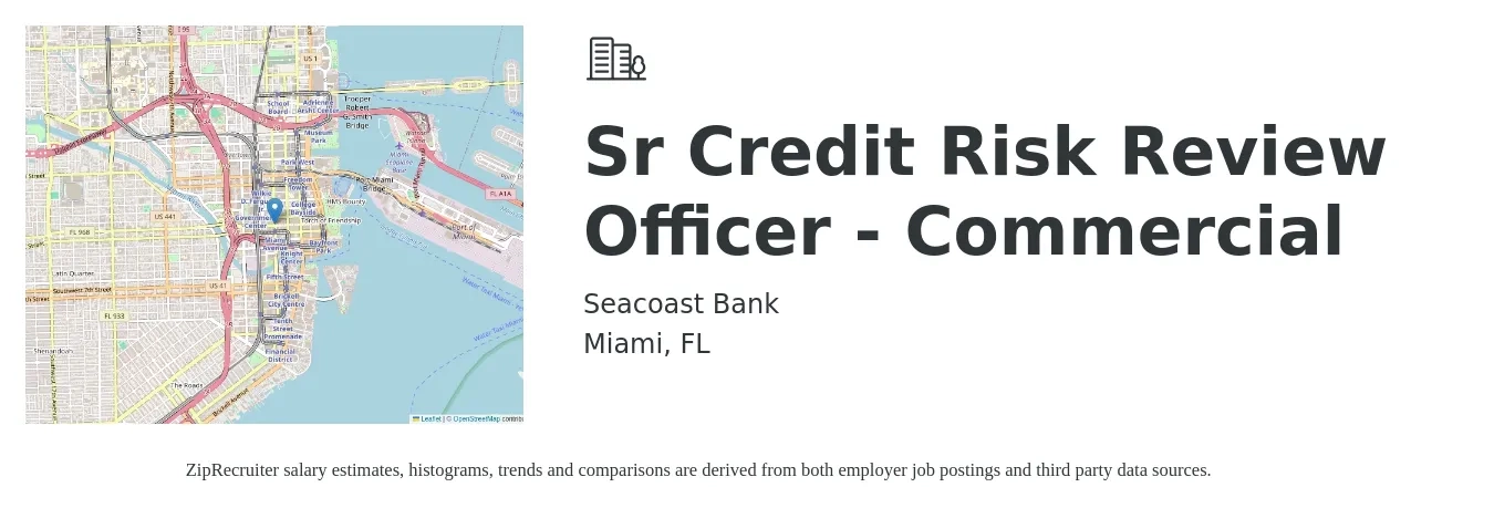 Seacoast Bank job posting for a Sr Credit Risk Review Officer - Commercial in Miami, FL with a salary of $104,200 to $147,200 Yearly with a map of Miami location.