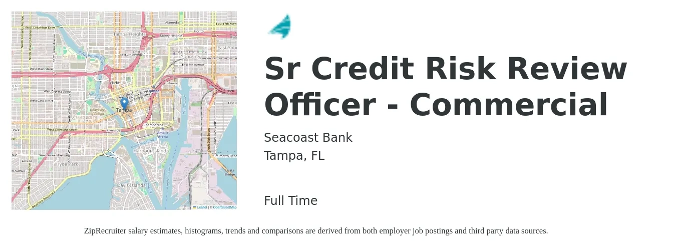 Seacoast Bank job posting for a Sr Credit Risk Review Officer - Commercial in Tampa, FL with a salary of $103,000 to $145,500 Yearly with a map of Tampa location.