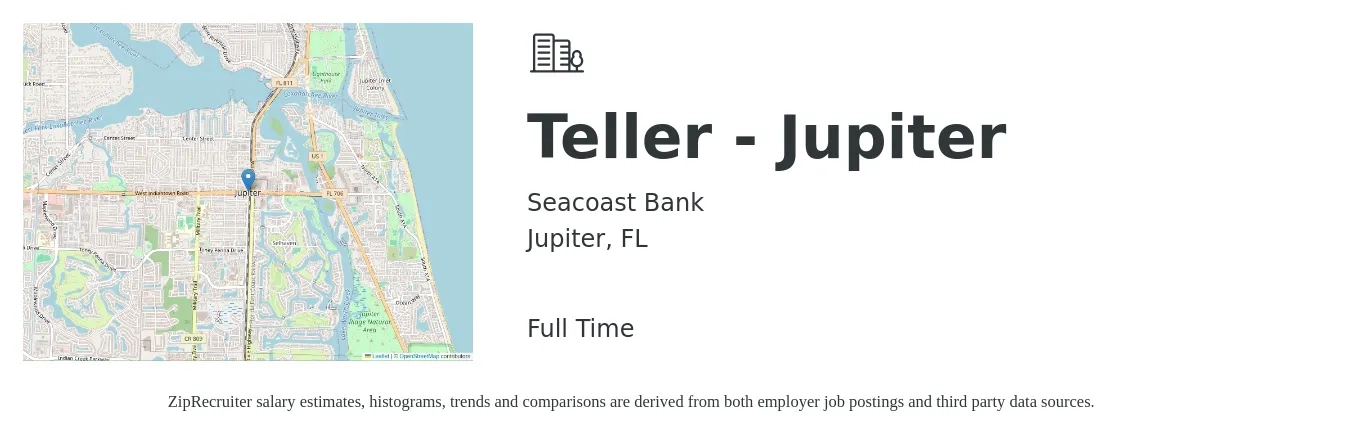 Seacoast Bank job posting for a Teller - Jupiter in Jupiter, FL with a salary of $15 to $19 Hourly with a map of Jupiter location.