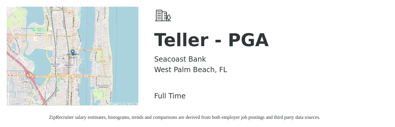 Seacoast Bank job posting for a Teller - PGA in West Palm Beach, FL with a salary of $16 to $19 Hourly with a map of West Palm Beach location.
