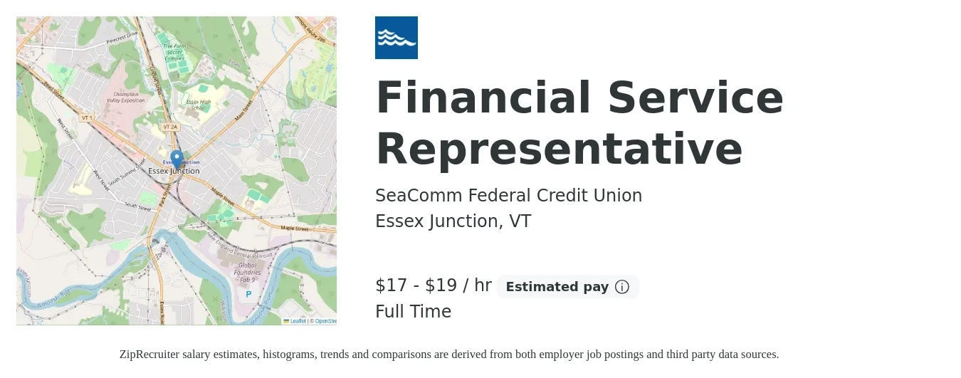 SeaComm Federal Credit Union job posting for a Financial Service Representative in Essex Junction, VT with a salary of $18 Hourly with a map of Essex Junction location.