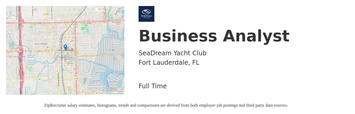 SeaDream Yacht Club job posting for a Business Analyst in Fort Lauderdale, FL with a salary of $35 to $59 Hourly with a map of Fort Lauderdale location.