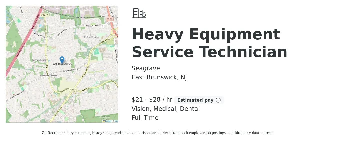Seagrave job posting for a Heavy Equipment Service Technician in East Brunswick, NJ with a salary of $22 to $30 Hourly and benefits including retirement, vision, dental, life_insurance, medical, and pto with a map of East Brunswick location.
