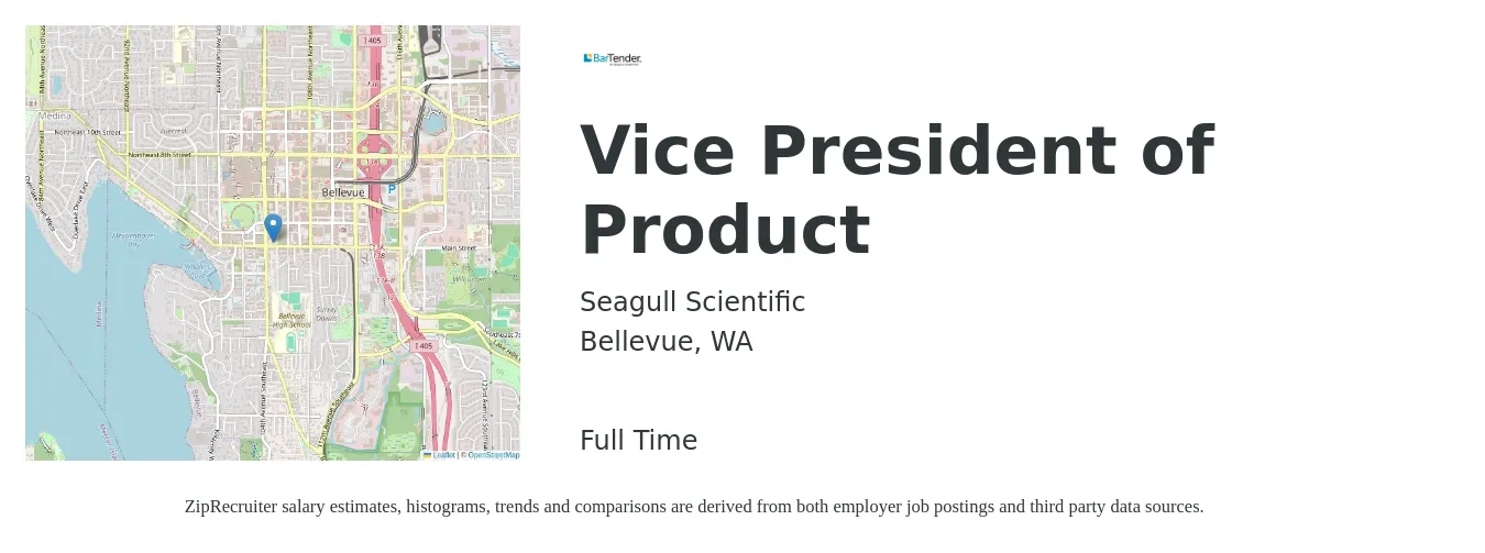 Seagull Scientific job posting for a Vice President of Product in Bellevue, WA with a salary of $191,300 to $313,200 Yearly with a map of Bellevue location.